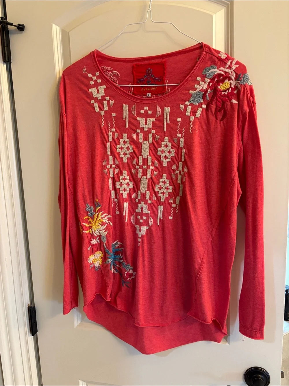 Johnny Was Embroidered Floral Long-Sleeve Top - Coral - Picture 1 of 5